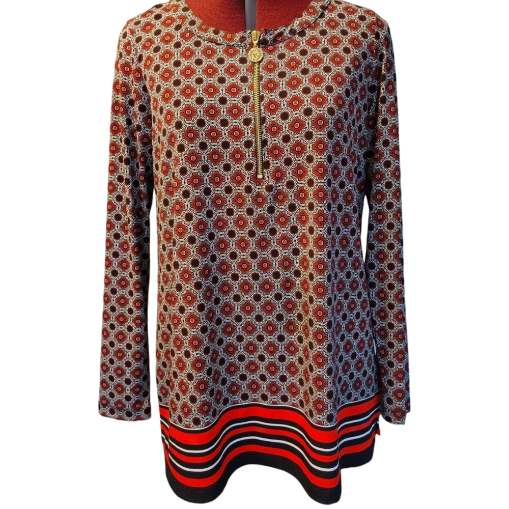 Anne Klein Geometric Design Zip Bodice Front Straight Tunic Blouse Size S.......